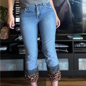 Blue Denim Jeans with Leopard Print Cuffs